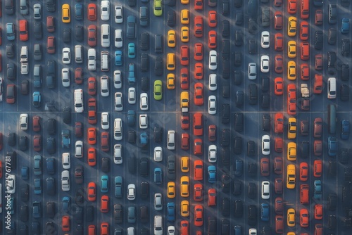 Aerial view of cars parked in rows and columns, showcasing the diversity of colors on different models.  photo