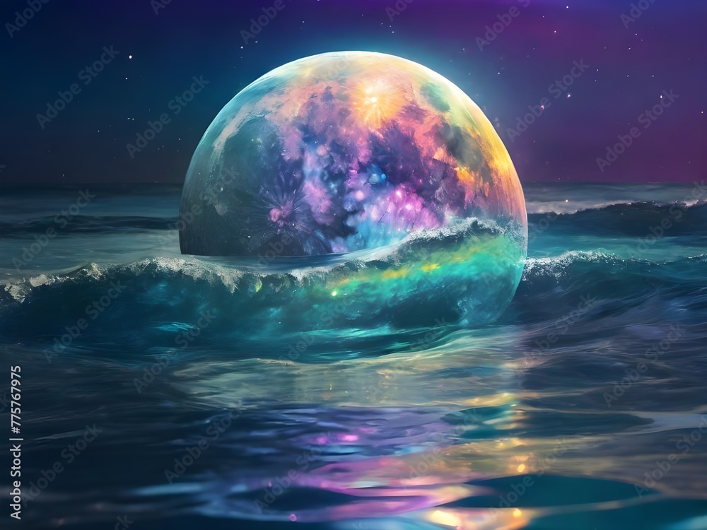 A colorful, glowing, floating moon is in the water