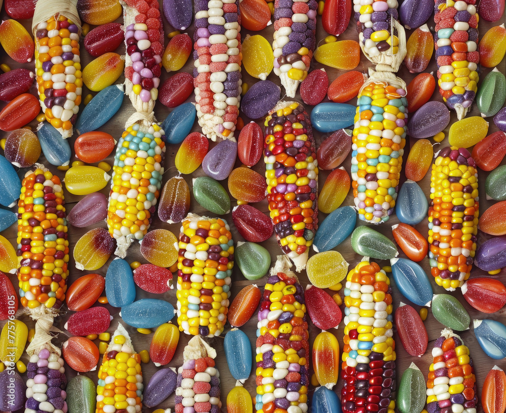 A vibrant, colorful corn cob medley filled with candy in the center of each ear Award winning