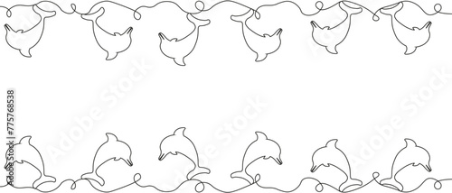 Dolphin Frame in trendy One Line Art style. Continuous Line black Dolphin silhouettes Border isolated white background. Vector illustration can used web Travel Design. Postcard card banner template. 