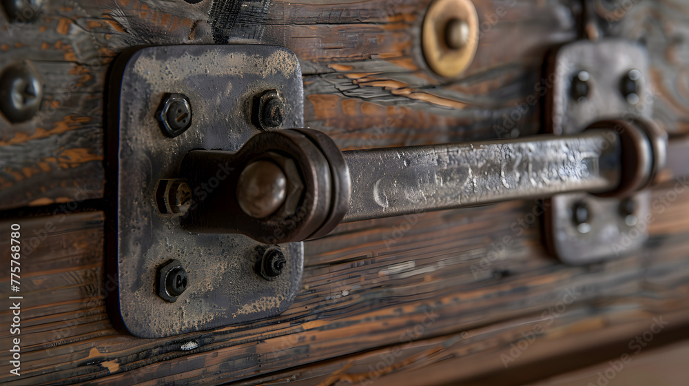 Detailed view of a small cabin hook latch, blending innovative design with security for windows and doors, showcasing inspired craftsmanship Detailed view of a small cabin hook latch, blending innovative design with security for windows and doors, showcasing inspired craftsmanship
