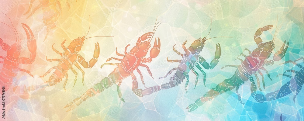 soft colors rainbow palette of scorpions animals pattern ,with x-ray effect on a pastel background. 