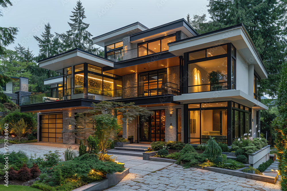 Vancouver luxury home with large garage, black and white modern architecture, large windows, dark wood accents, surrounded by trees at dusk. Created with Ai