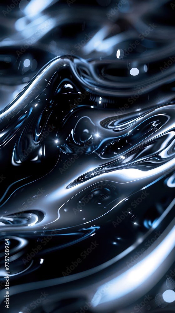 a dark blue and black background with a swirling pattern of light blue and silver metallic lines