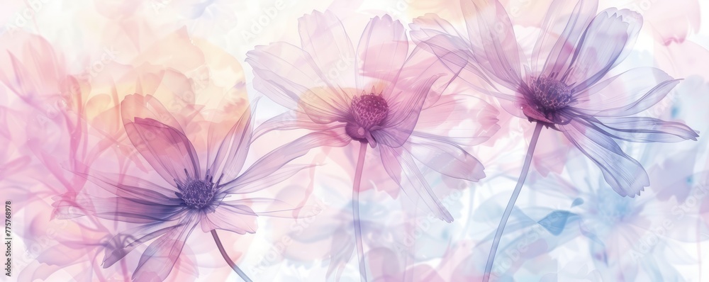 soft colors tenue palette of spring elegant daises  bouquet with x-ray effect on a pastel background. A modern abstract art design in the style of vector illustration for fashion, textiles, print or w