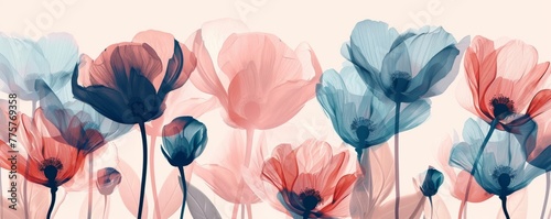 soft colors tenue palette of spring elegant flowers bouquet with x-ray effect on a pastel background. A modern abstract art design in the style of vector illustration for fashion, textiles, print or w photo