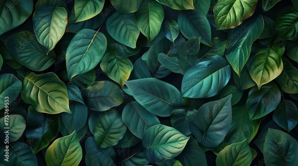 A large number of green leaves are tightly packed together in a dark background