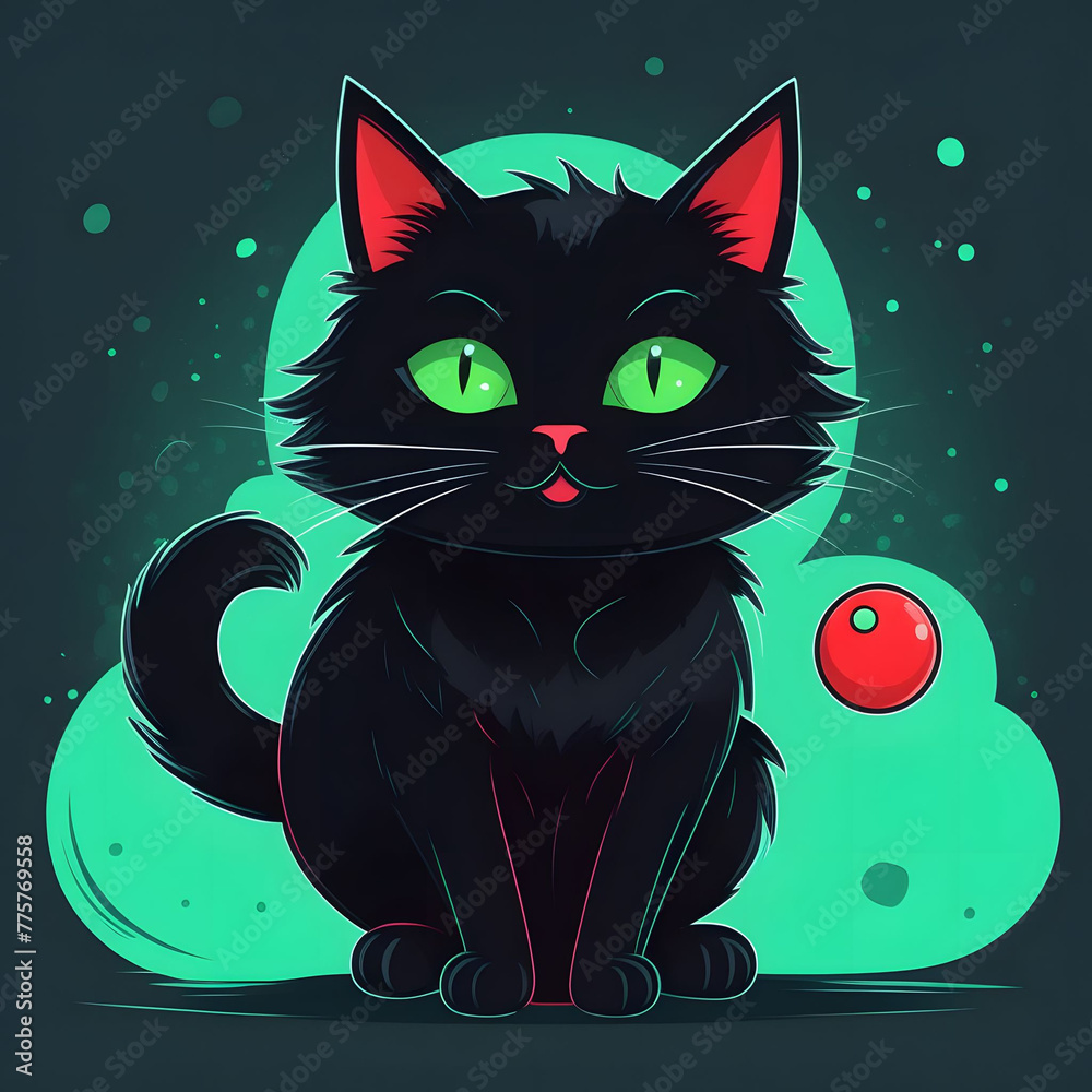 Super fluffy black cat with green eyes playing with a red ball Super fluffy black cat with green eyes playing with a red ball