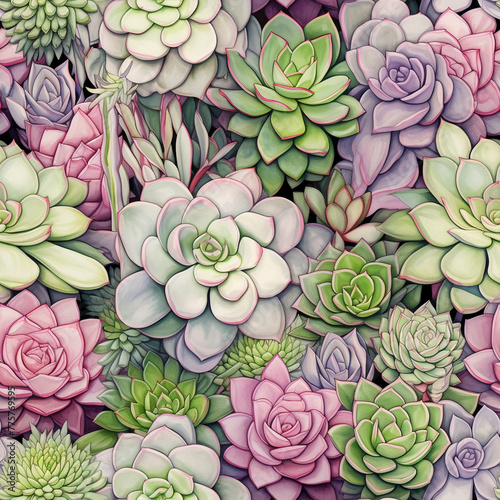 Succulent Garden  Vibrant Green and Pink Hues  Botanical Seamless Illustration  Digital Art