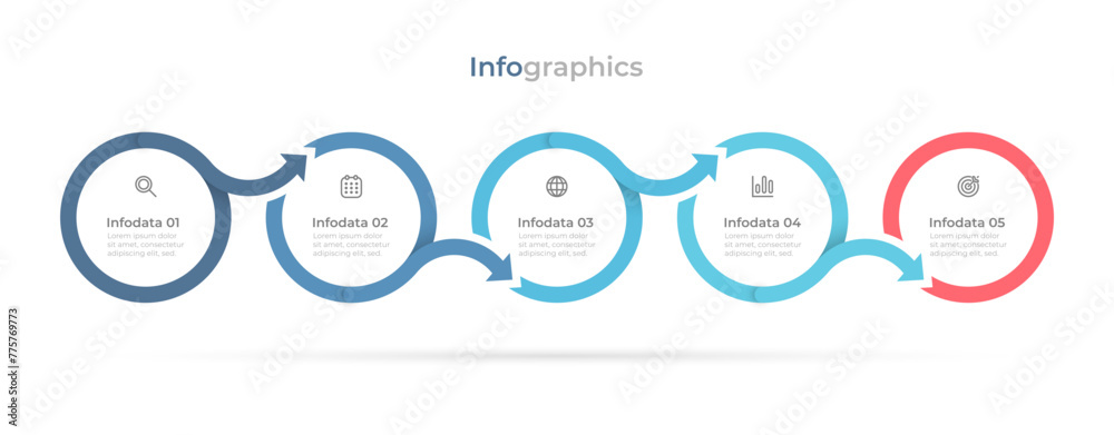 Vector circle flowchart label design with arrows for business process. Timeline connected with 5 steps or options.