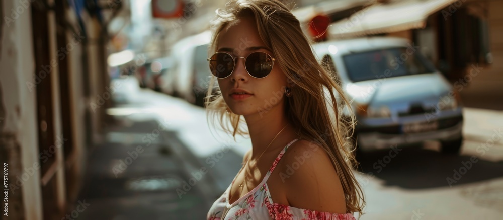 Woman in Floral Dress and Sunglasses on Street