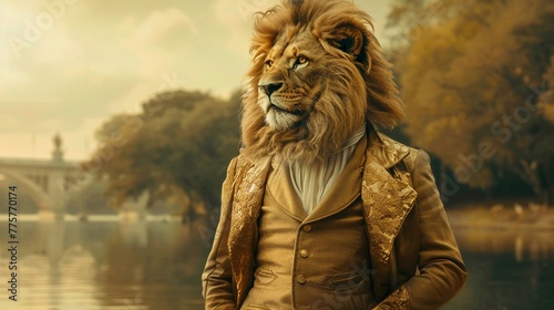 A majestic lion lounging in a fashionforward outfit, standing elegantly in a summer setting by the water
