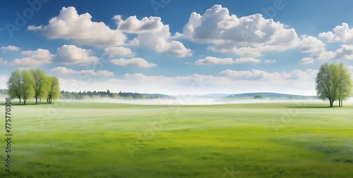 Panoramic landscape with green lawn meadow, trees and blue sky, summer natural landscape with lawn and blue sky with white clouds with light fog,