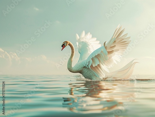 An elegant swan gracefully modeling a chic summer outfit, gliding serenely on the water with room for promotional content