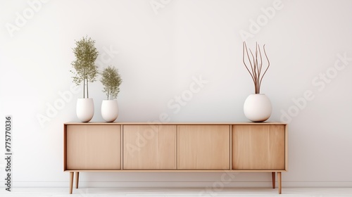 Modern minimalist interior design with decorative wooden sideboard and plant decor © Miva