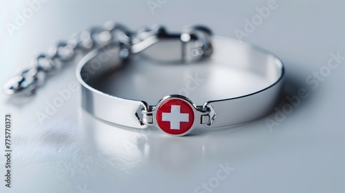 Close up Photography of Stainless Steel Medical Alert Bracelet with Red Cross Symbol to Represent Patient Safety and Healthcare Identification