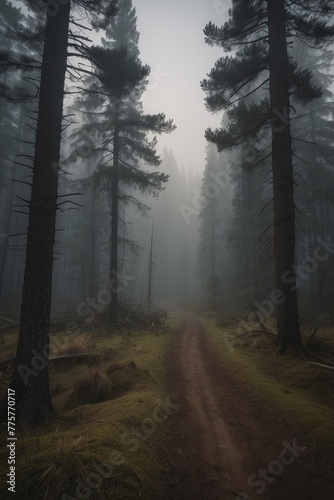 A forest path is shown in the fog, with trees on either side