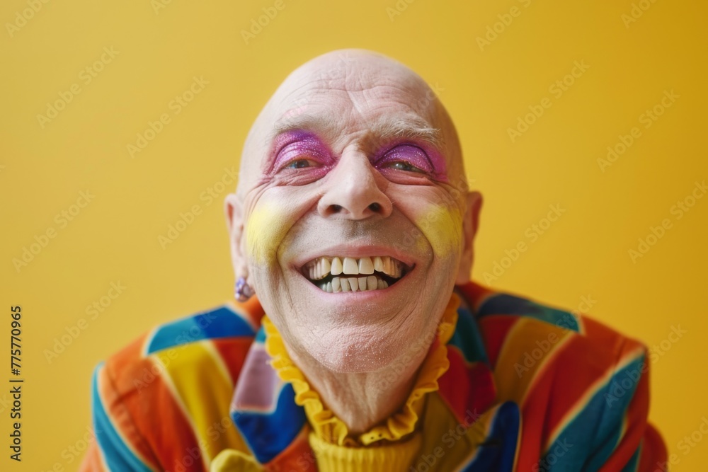 bald senior man with bright make up being happy on bright background
