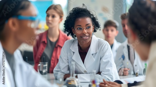 Experienced Female Scientist Mentoring Young Researchers in a Laboratory Setting Fostering the Next of Scientific Minds