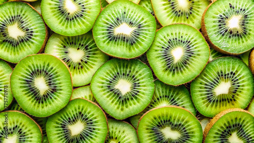 Fresh kiwi fruit slices background, top view food photography. Generative ai