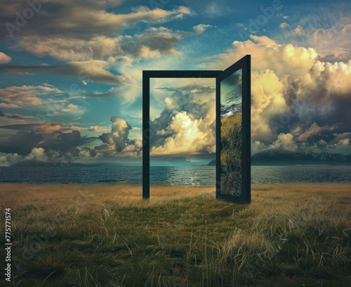 A door is open on the grassland, with dark clouds in front of it and a sea behind it The sky gradually lightens as if theres hope