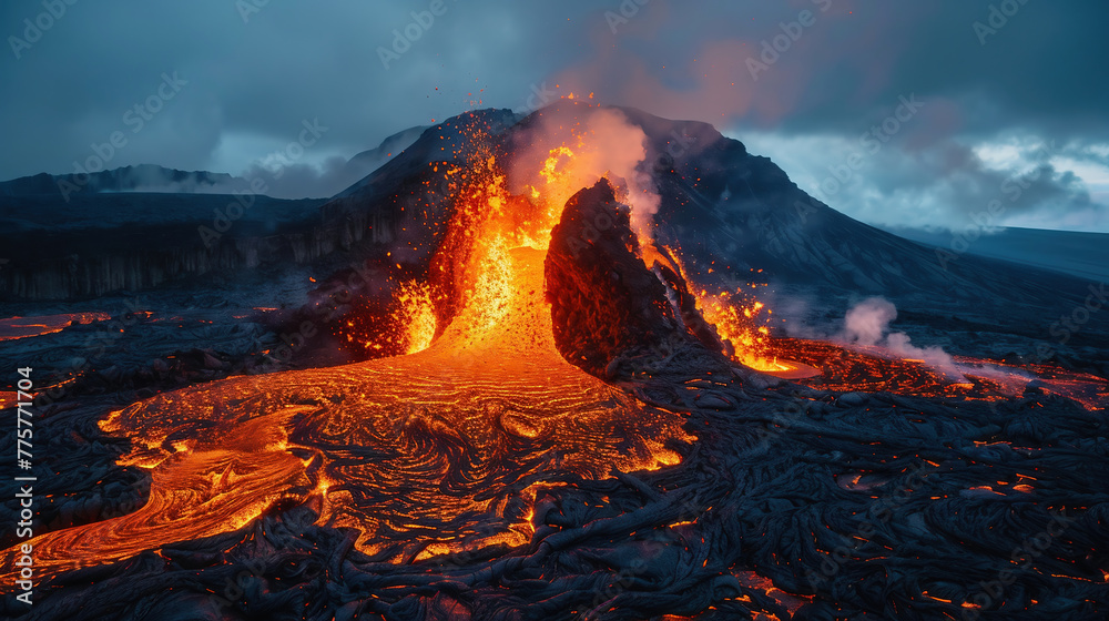 Lava going down the Volcano right after an eruption. Stock Photo