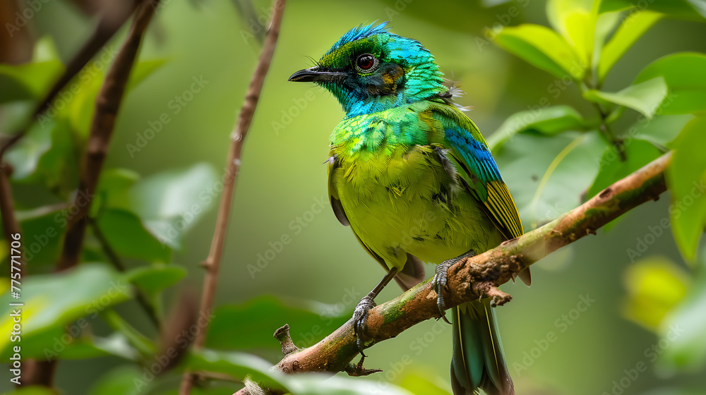 Fototapeta premium Vibrant Tropical Bird on Tree Branch Amidst Lush Green Foliage: A Snapshot from Mother Nature's Reality