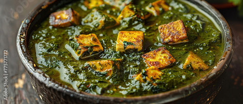Palak paneer curry with rustic kitchen background