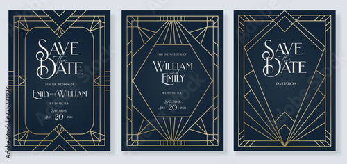 Art deco black and gold invitation wedding luxury VIP invite card design, Save the date card, retro pattern for vintage party Gatsby style invitation Thank you card classic antique vector illustration