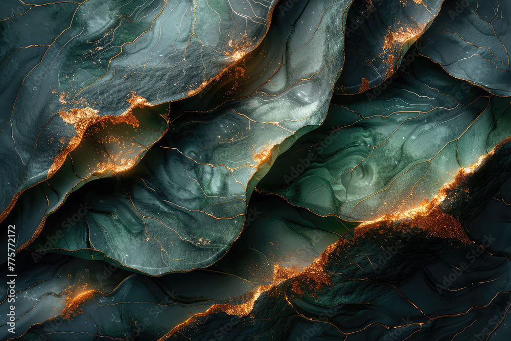 A high-resolution digital art wallpaper of dark teal marble with golden veins, showcasing the intricate patterns and textures found within natural stone. Created with Ai