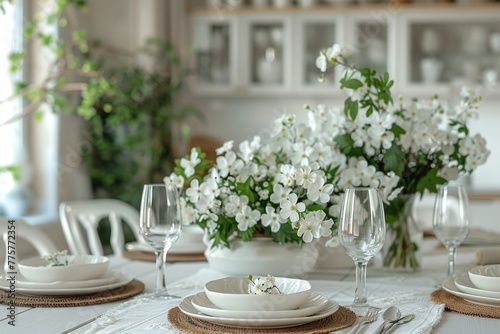Formal Dinner Table With Vase of Flowers