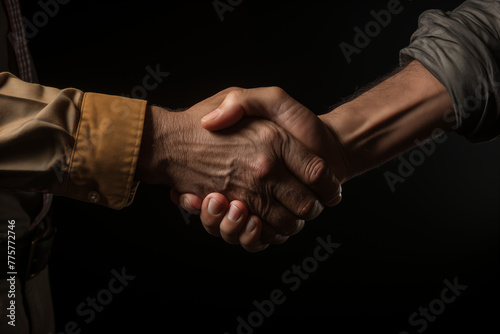 Handshake on black background. World of work. Offer accepted. Friendship at work. Help others. Association.