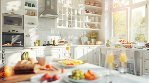 white kitchen in a luxurious modern farmhouse, sunlight shining through a large window, fruit and sandwiches on the tables