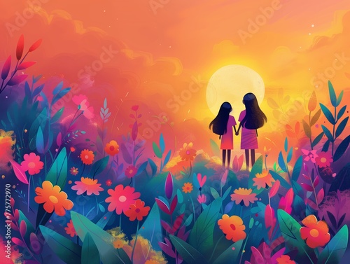 Bright friendship illustration  warm magical environment  botanical