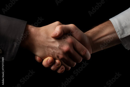 Handshake on black background. World of work. Offer accepted. Friendship at work. Help others. Association.