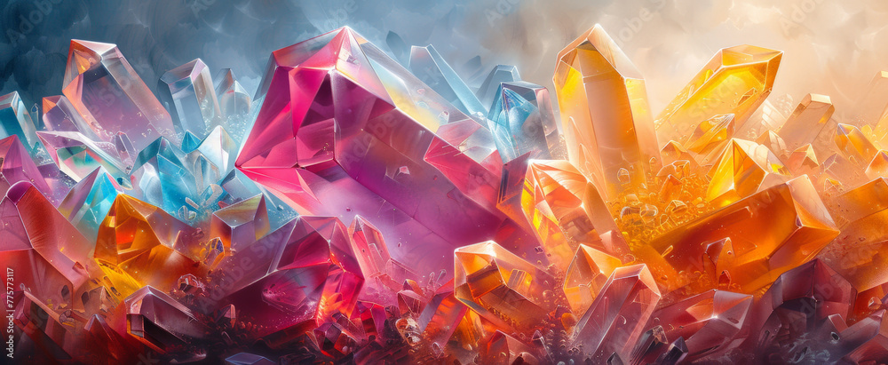 Vibrant, mystical array of multicolored crystals emanating light and energy, set against a misty backdrop.