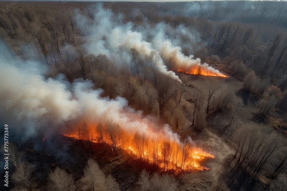 Two fires are burning in a forest, with smoke and flames visible in the air