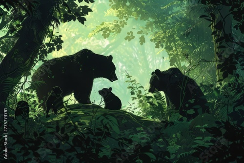 A family of black bears foraging for food in a lush forest. © Vit