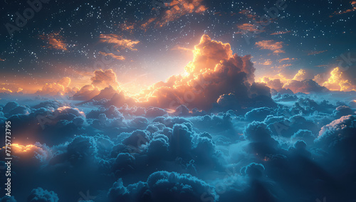 A breathtaking scene of the vast expanse above, with fluffy clouds and distant stars illuminating by ethereal light. Created with Ai #775773795