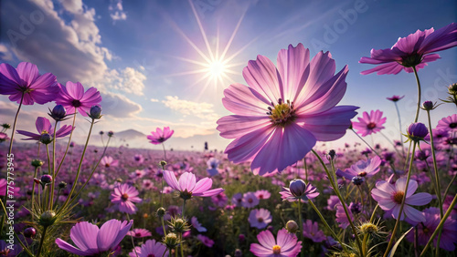Landscape of field of beautiful pink cosmos flowers  nature wallpaper. Generative ai