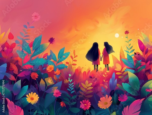 Bright friendship illustration  warm magical environment  botanical