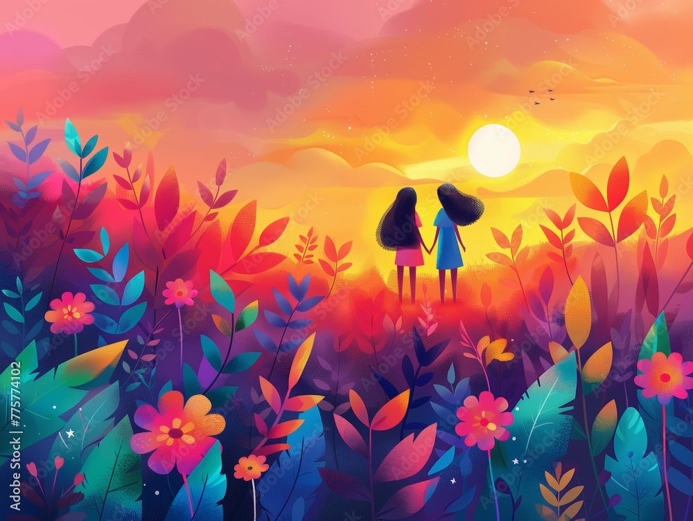 Fototapeta premium Vibrant Sunset Landscape, Two Women Holding Hands Amidst Colorful Flowers, Dreamy Fantasy Scenery, Warm Golden Hour Glow, Artistic Illustration