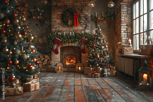 Festive living room ablaze with christmas trees and presents