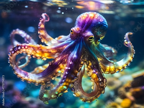 A colorful octopus is swimming in a tank