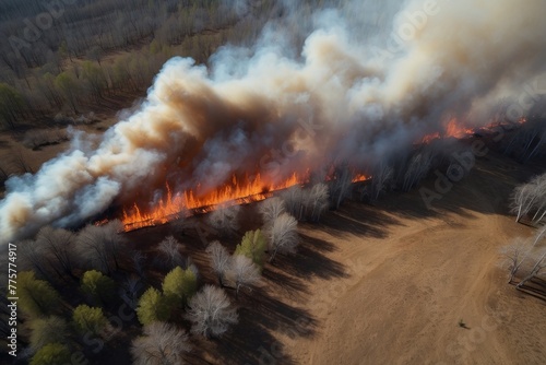 A fire is burning through a forest, with smoke and flames visible in the air