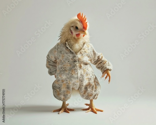 Stylish chicken in jumpsuit, posing, white background, balanced light, threequarter camera angle , photographic style photo