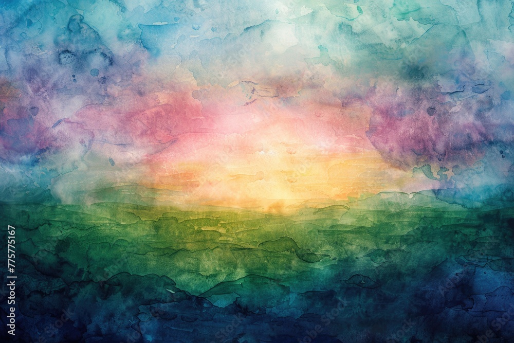 Green And Pink. Watercolor Sunset Sky Background in Blue, Purple, and Yellow