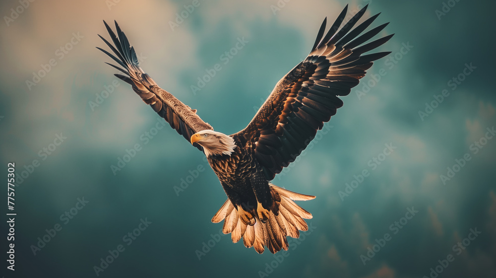 Obraz premium bald eagle on the background of the blue sky in flight with beautifully spread wings, a symbol of freedom and pride