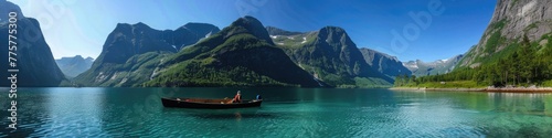 Mountain Water. Breathtaking Panoramic View of Calm Lovatnet Lake in Beautiful Norway © AIGen