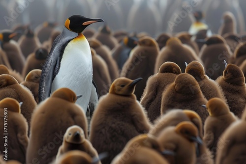 Unique Adult King Penguin Amongst Large Group of Nearly Fully Grown Chicks at Volunteer Point, Falkland Islands